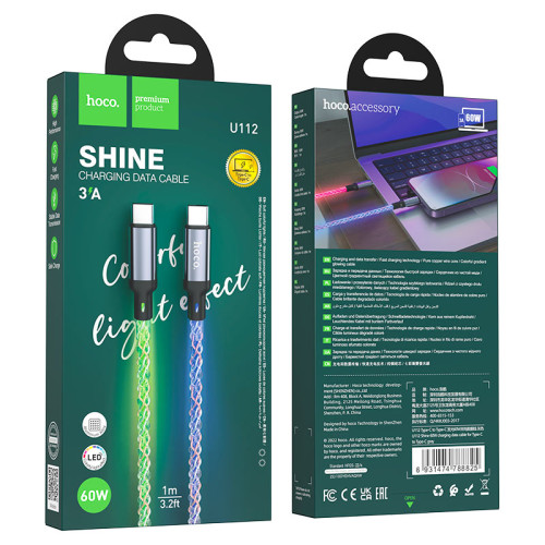 PD Type-C Кабель Type-C светящийся 3А 1м (RGB Led)